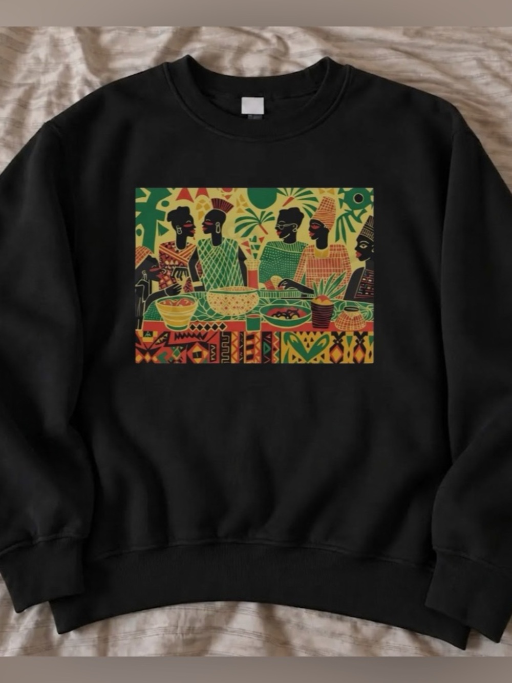 Retro West African Dinner Scene Graphic Crewneck Sweatshirt in Black